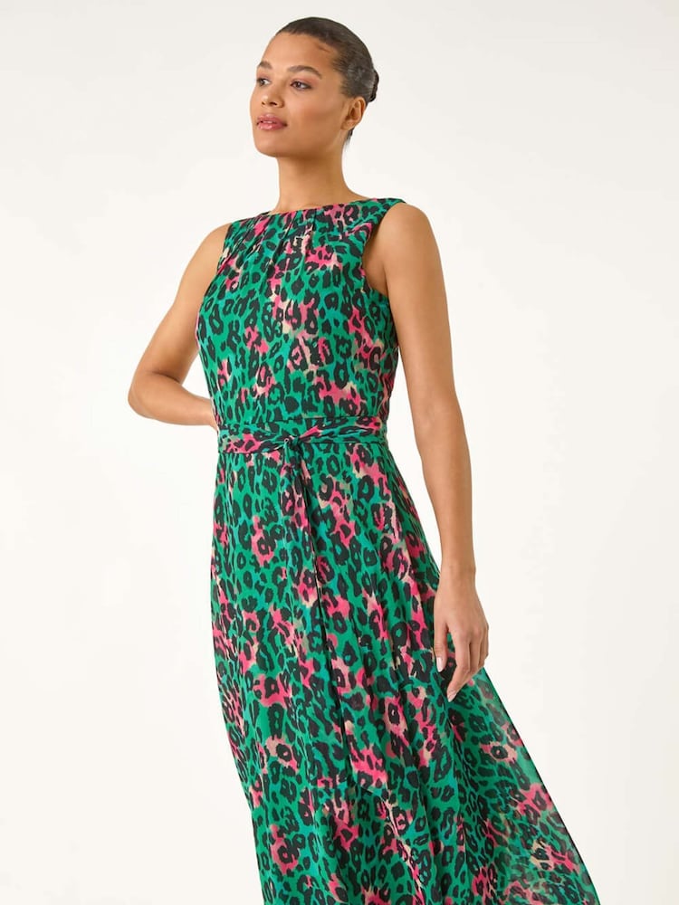 Roman Green Animal Print Pleated Midi Dress - Image 1 of 5