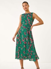 Roman Green Animal Print Pleated Midi Dress - Image 2 of 5