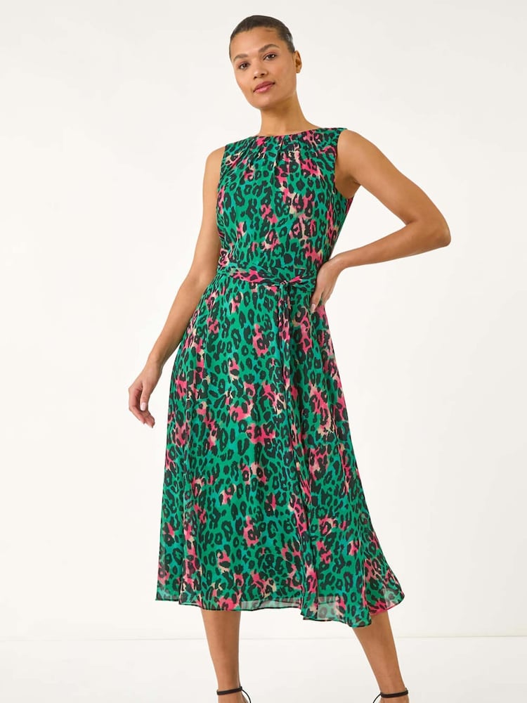 Roman Green Animal Print Pleated Midi Dress - Image 2 of 5