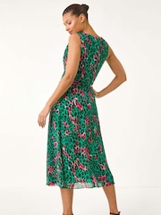 Roman Green Animal Print Pleated Midi Dress - Image 3 of 5