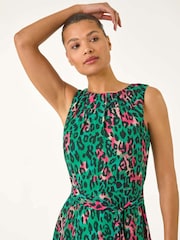 Roman Green Animal Print Pleated Midi Dress - Image 4 of 5