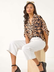 Roman Natural Animal Print Collar V-Neck Blouse - Image 1 of 5