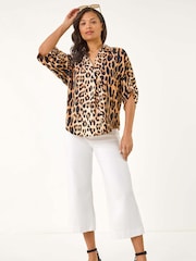Roman Natural Animal Print Collar V-Neck Blouse - Image 2 of 5