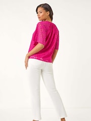 Roman Pink Lace Angel Sleeve Blouse - Image 3 of 5