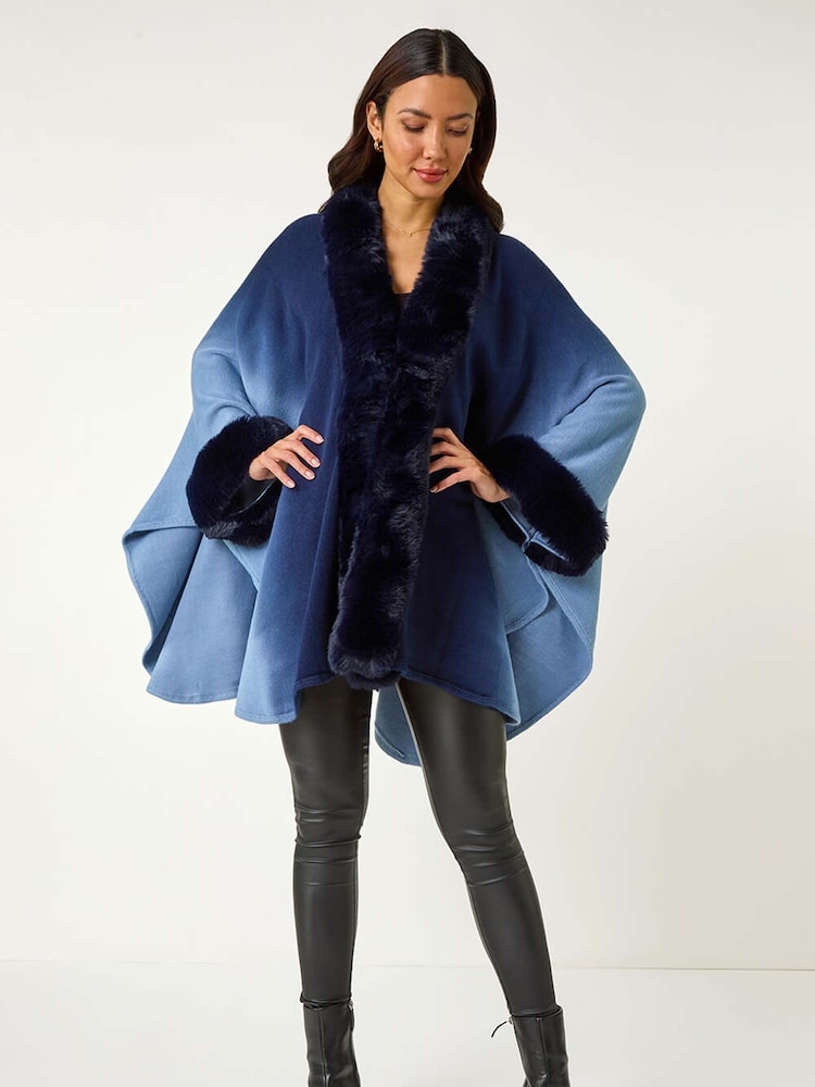 Roman Blue Dip Dye Faux Fur Trim Cardigan Cape - Image 1 of 5