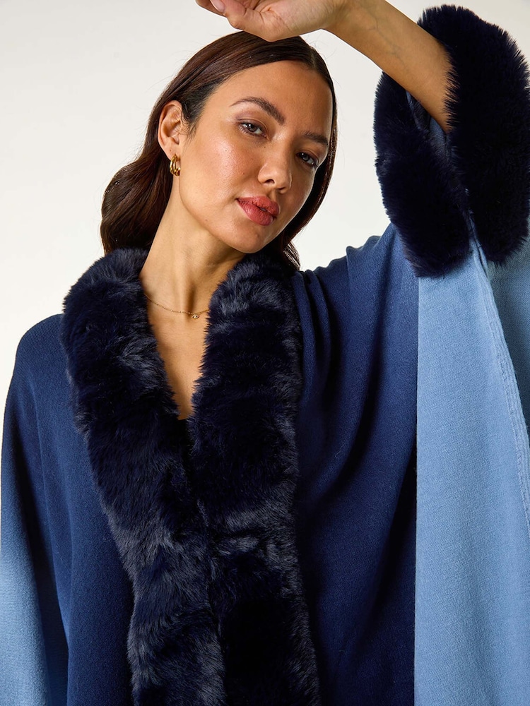 Roman Blue Dip Dye Faux Fur Trim Cardigan Cape - Image 2 of 5 Roman Blue Dip Dye Faux Fur Trim Cardigan Cape - Image 2 of 5