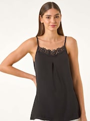 Roman Black Lace Trim Cami Stretch Top - Image 4 of 5