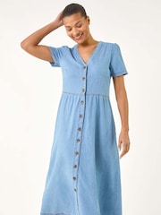 Roman Blue Denim Button Through Midi 100% Cottton Dress - Image 1 of 5