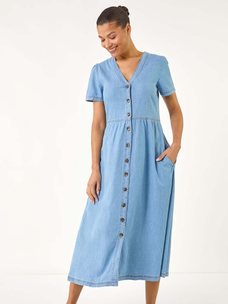 Roman Blue Denim Button Through Midi 100% Cottton Dress - Image 2 of 5