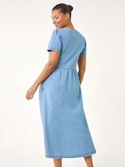 Roman Blue Denim Button Through Midi 100% Cottton Dress - Image 3 of 5
