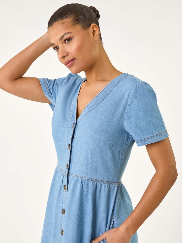 Roman Blue Denim Button Through Midi 100% Cottton Dress - Image 4 of 5