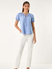 Roman Blue Shirred Tie Front Neck Blouse - Image 1 of 5