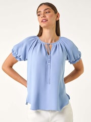 Roman Blue Shirred Tie Front Neck Blouse - Image 4 of 5