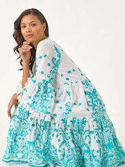 Roman Blue Embroidery Bead Detail Smock 100% Cotton Dress - Image 1 of 5
