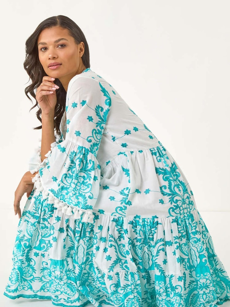 Roman Blue Embroidery Bead Detail Smock 100% Cotton Dress - Image 1 of 5