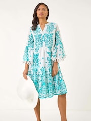 Roman Blue Embroidery Bead Detail Smock 100% Cotton Dress - Image 2 of 5