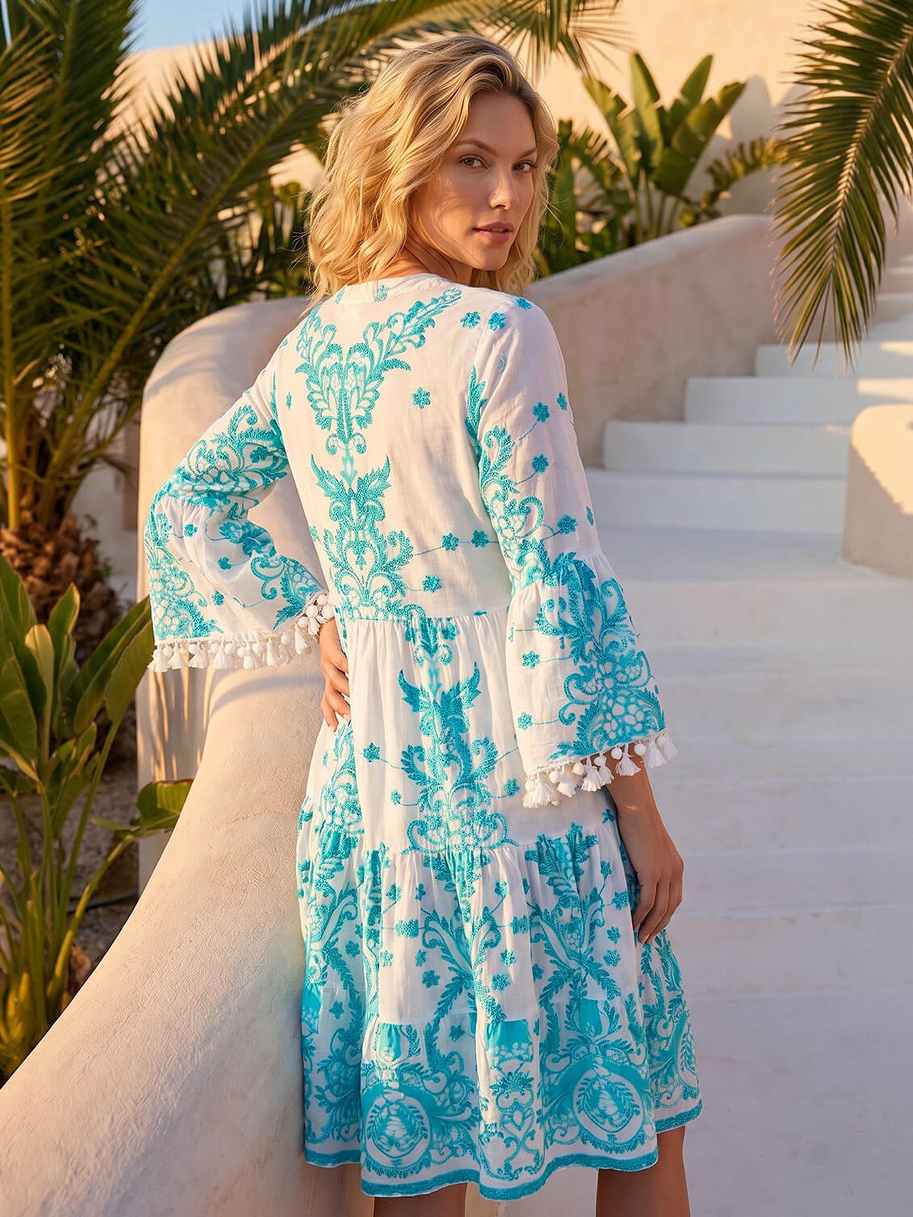 Buy Roman Blue Embroidery Bead Detail Smock 100% Cotton Dress from