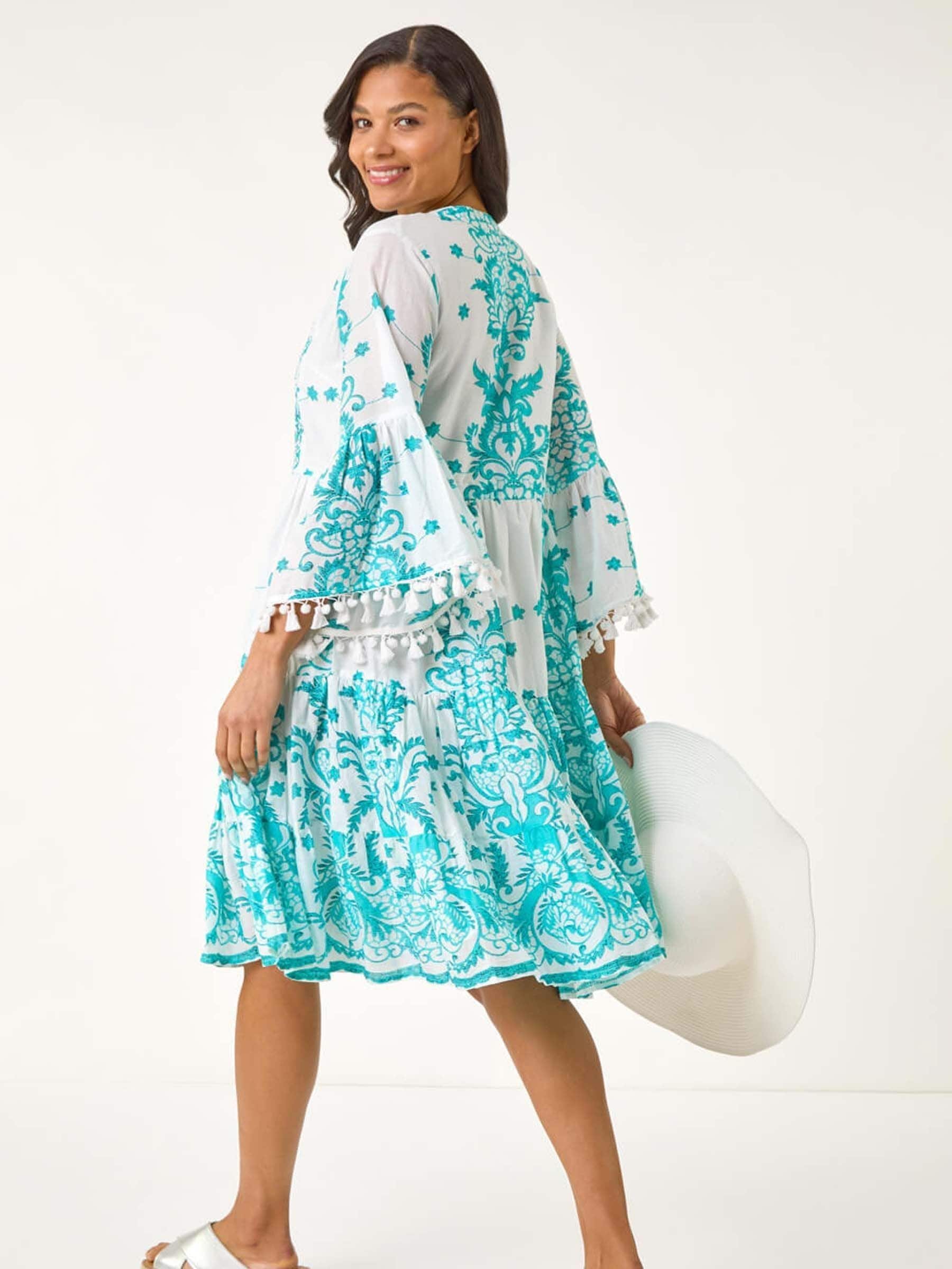 Buy Roman Blue Embroidery Bead Detail Smock 100% Cotton Dress from