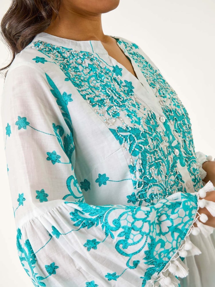 Roman Blue Embroidery Bead Detail Smock 100% Cotton Dress - Image 5 of 5