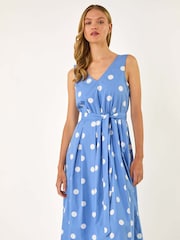 Roman Blue White Spot Print Belted Midi 100% Cotton Dress - Image 1 of 5