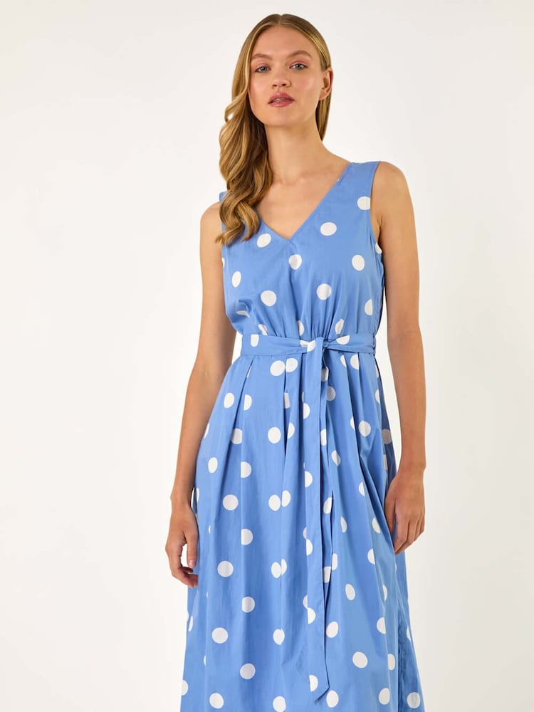 Roman Blue White Spot Print Belted Midi 100% Cotton Dress - Image 1 of 5