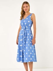 Roman Blue White Spot Print Belted Midi 100% Cotton Dress - Image 2 of 5