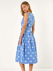 Roman Blue White Spot Print Belted Midi 100% Cotton Dress - Image 3 of 5