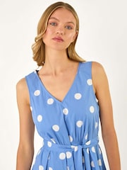Roman Blue White Spot Print Belted Midi 100% Cotton Dress - Image 4 of 5