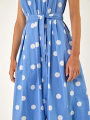 Roman Blue White Spot Print Belted Midi 100% Cotton Dress - Image 5 of 5