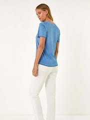 Azul - Roman Bead Trim Detail V-Neck T-Shirt - Imagem 3 de 5