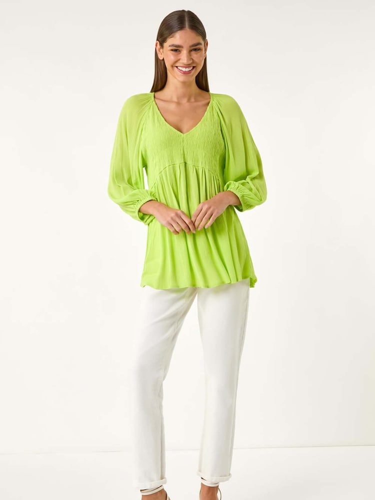 Roman Green Shirred V-Neck Top - Image 2 of 5