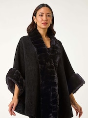 Roman Black Faux Fur Trim Knitted Poncho - Image 1 of 5