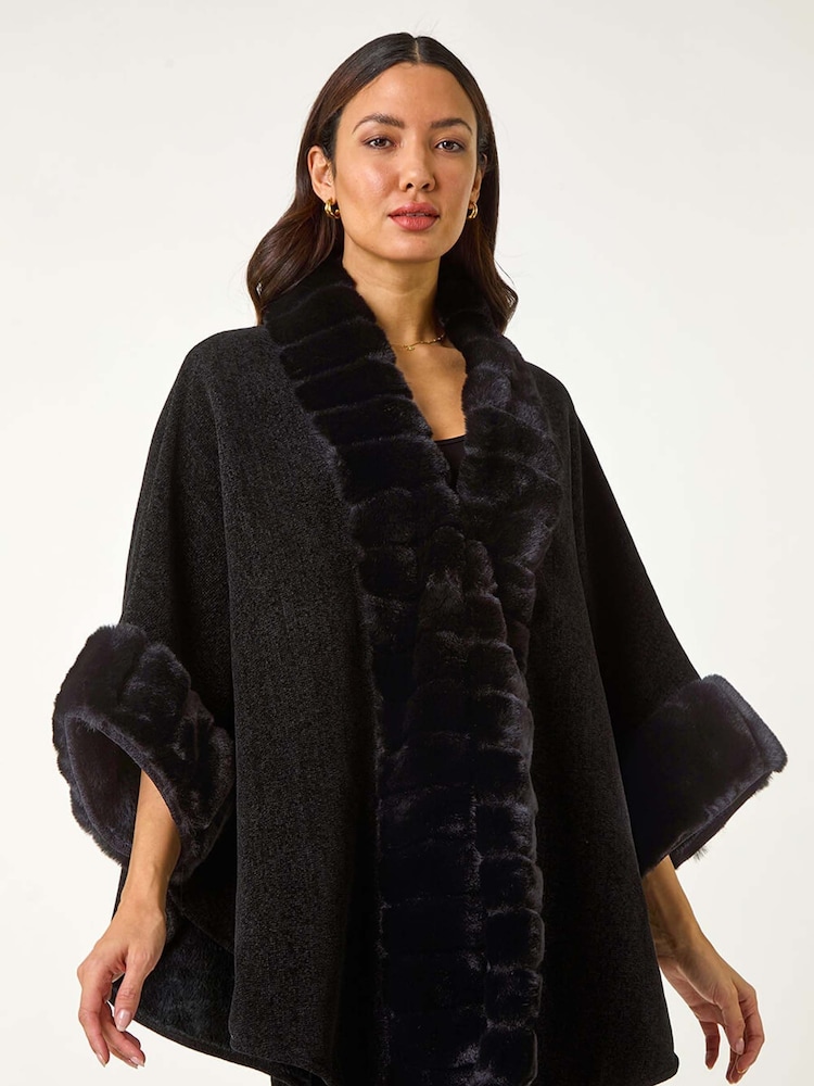 Roman Black Faux Fur Trim Knitted Poncho - Image 1 of 5
