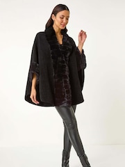 Roman Black Faux Fur Trim Knitted Poncho - Image 2 of 5