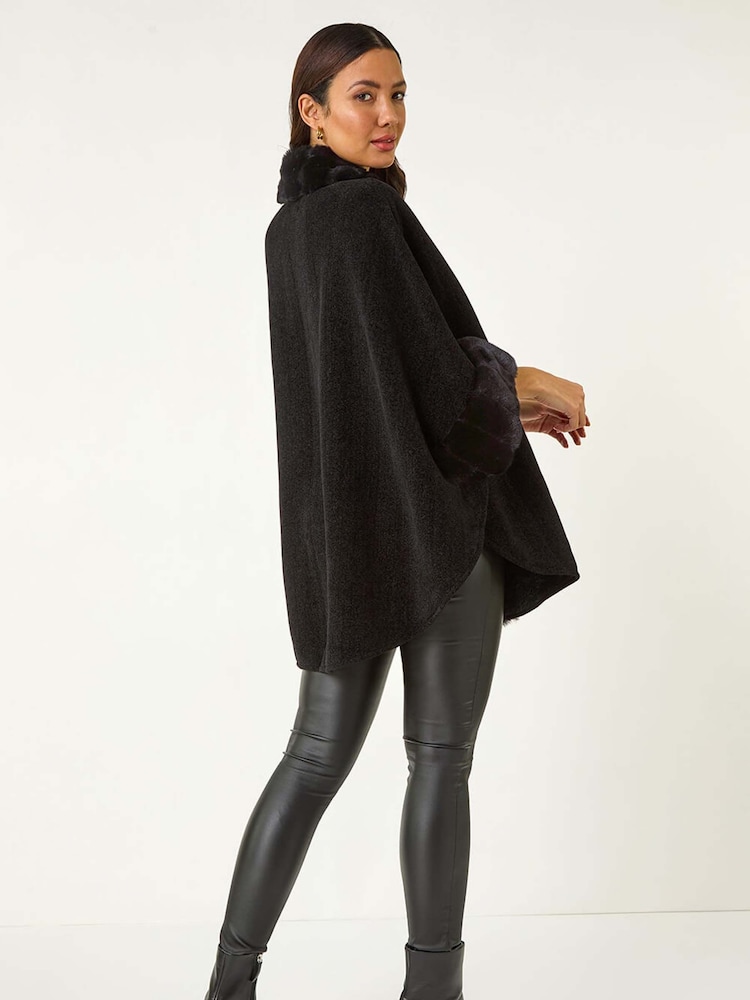 Roman Black Faux Fur Trim Knitted Poncho - Image 3 of 5