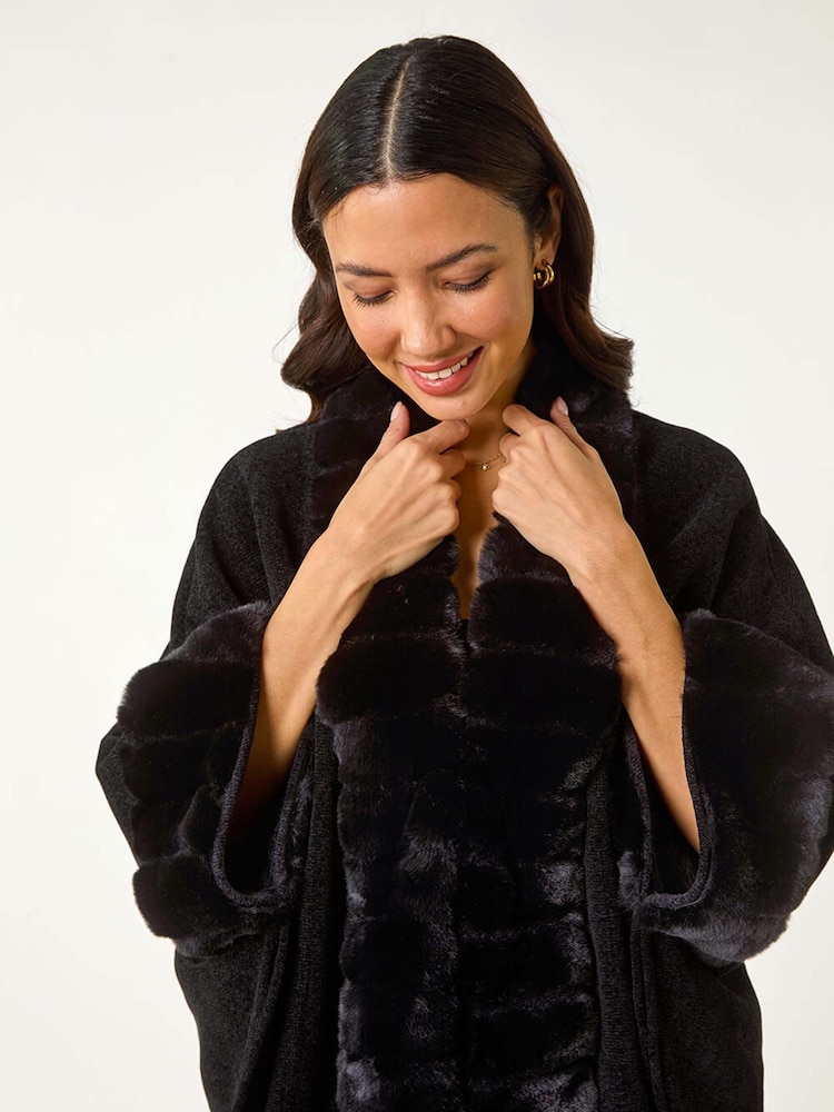Roman Black Faux Fur Trim Knitted Poncho - Image 4 of 5