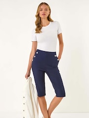 Roman Blue Elastic Waist Button Cropped Shorts - Image 2 of 5