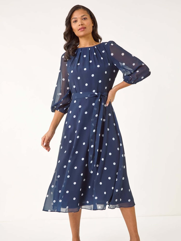 Buy Roman Blue Spot Print Chiffon Pleated Midi Dress from Next Latvia