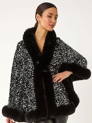 Roman Black Faux Fur Trim Sequin Cardigan Cape - Image 1 of 5