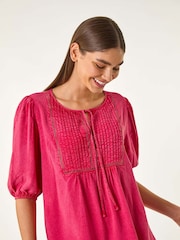 Roman Pink Pleated Tie Neck Top - Image 1 of 5