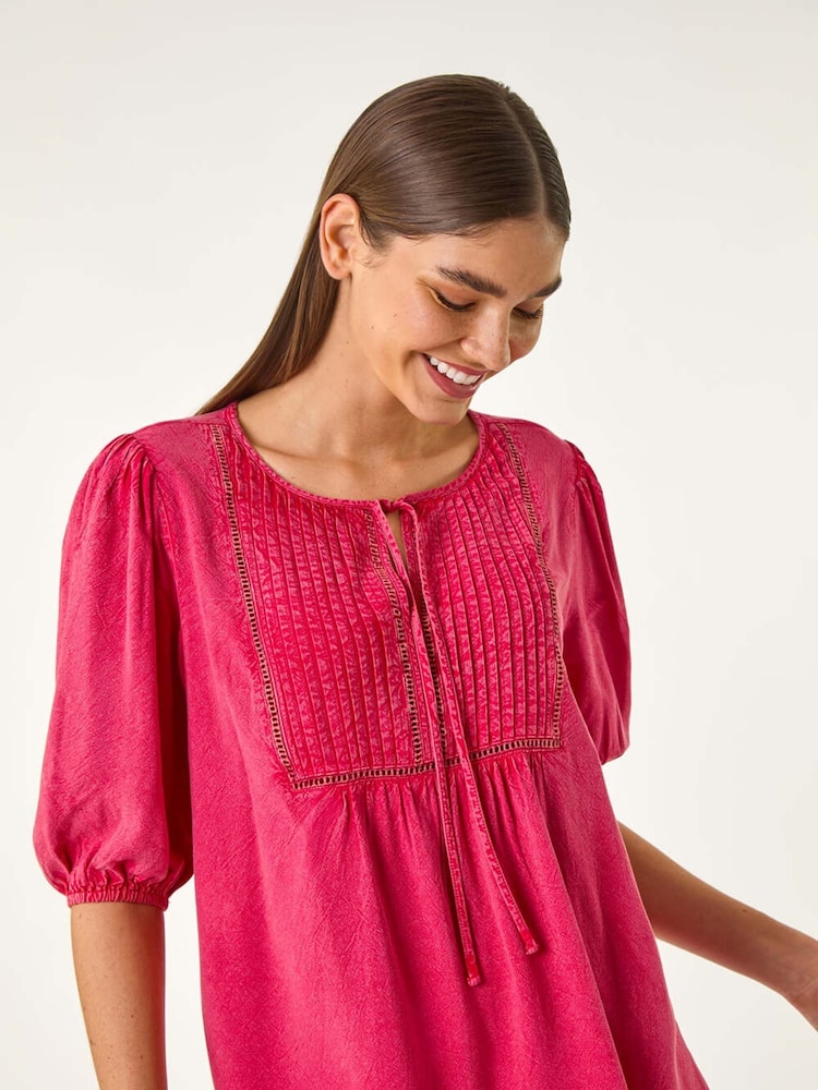 Roman Pink Pleated Tie Neck Top - Image 1 of 5