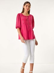 Roman Pink Pleated Tie Neck Top - Image 2 of 5