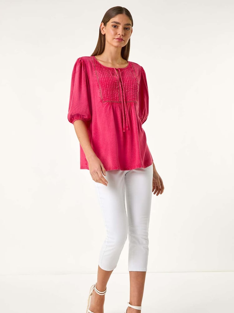 Roman Pink Pleated Tie Neck Top - Image 2 of 5