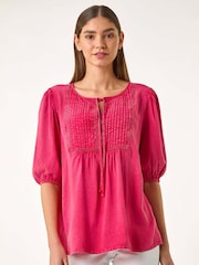 Roman Pink Pleated Tie Neck Top - Image 4 of 5