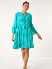 Roman Blue Shimmer Tie Detail Smock Dress - Image 1 of 5