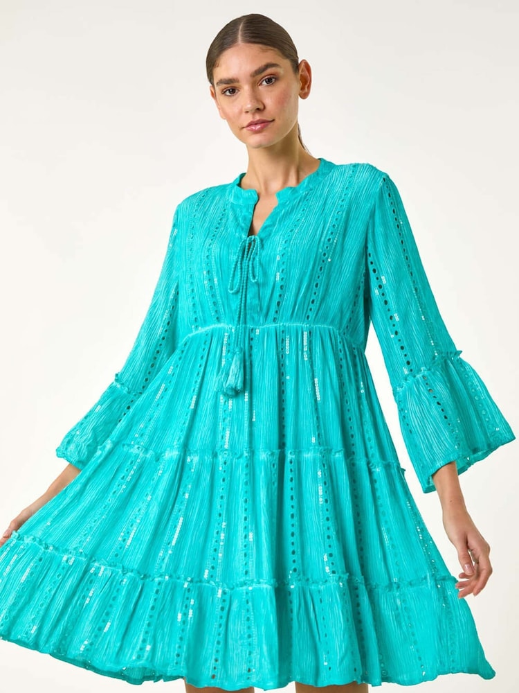 Roman Blue Shimmer Tie Detail Smock Dress - Image 2 of 5