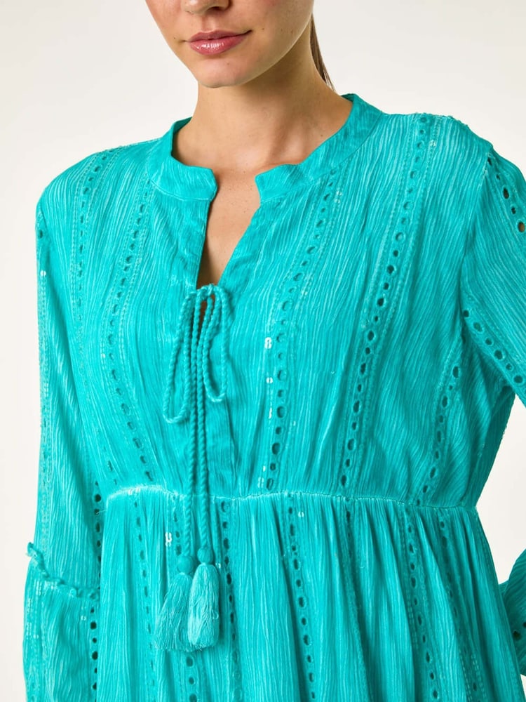 Roman Blue Shimmer Tie Detail Smock Dress - Image 5 of 5