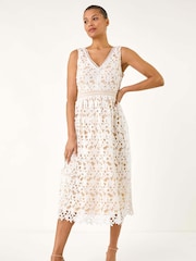Roman White Lace Overlay V-Neck Midi Dress - Image 1 of 5