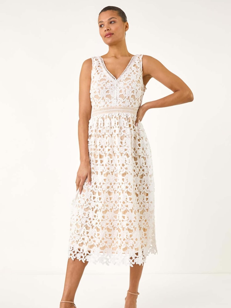 Roman White Lace Overlay V-Neck Midi Dress - Image 1 of 5