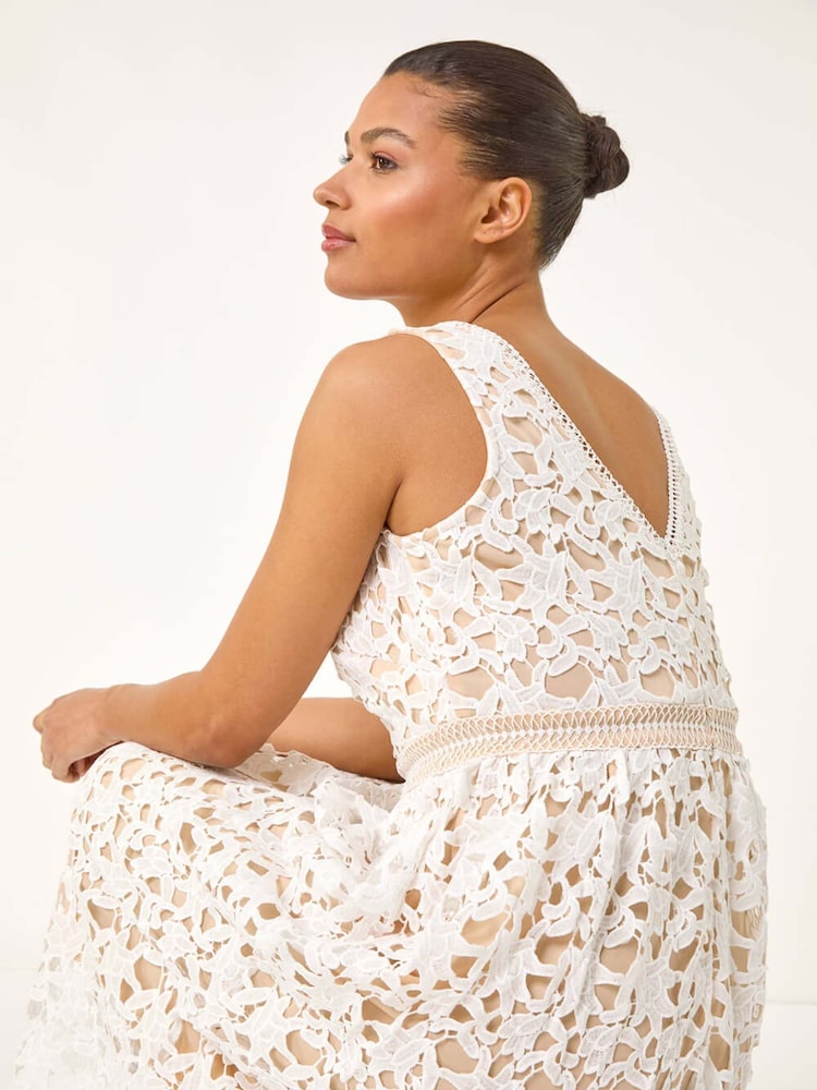 Roman White Lace Overlay V-Neck Midi Dress - Image 2 of 5